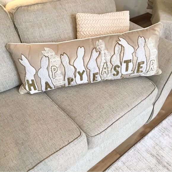 Bella Lux Gold Bead Lace Bunny Appliqué Happy Easter Decorative Accent Pillow - Picture 1 of 11
